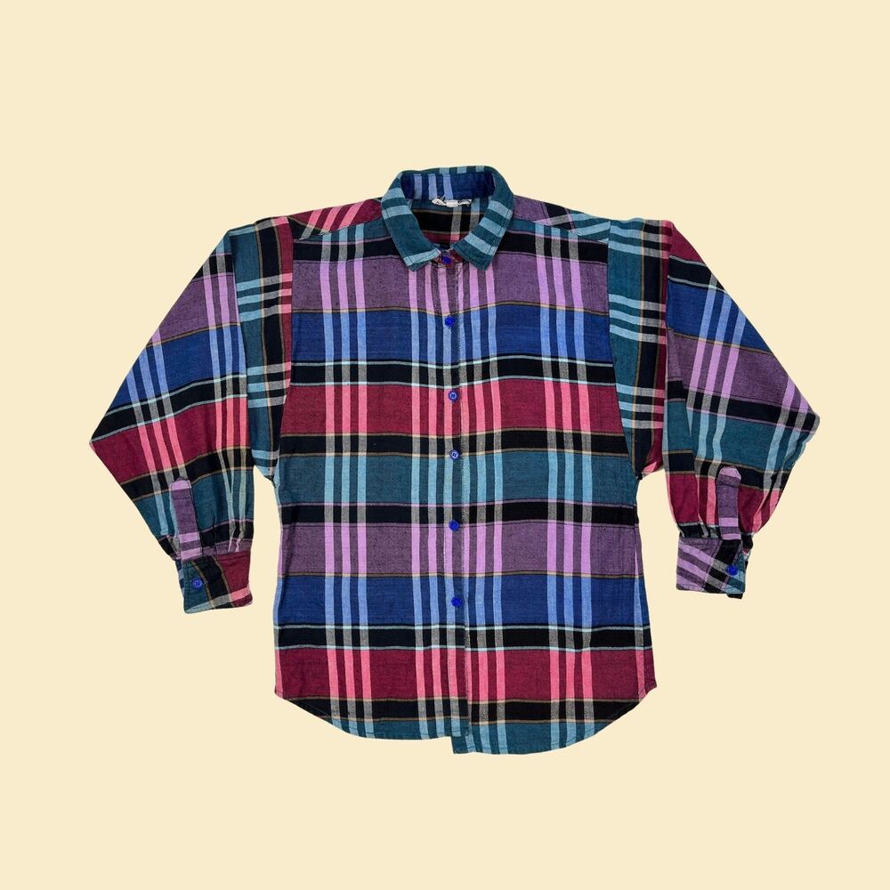 1980s womens flannel shirt, size M vintage 80s teal & purple plaid button down